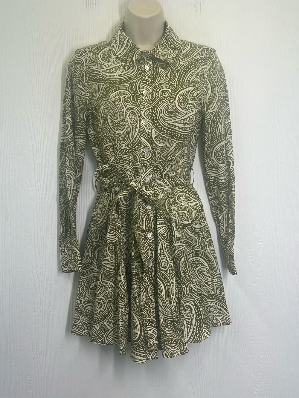 Zara - NWT Green And White Paisley Print Button Front Long Sleeve Mini Dress XS - Picture 2 of 11